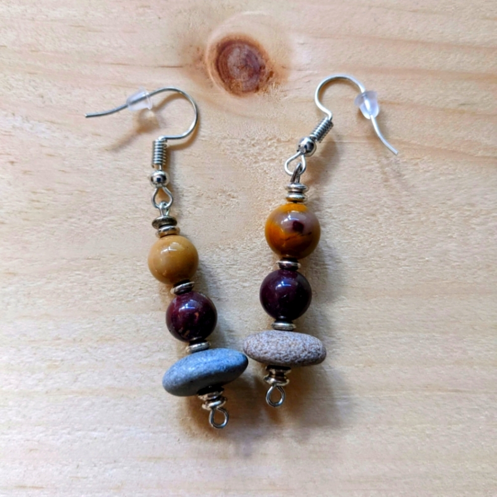 Yellow and Red Jasper Beads, and Beach Stone Earrings